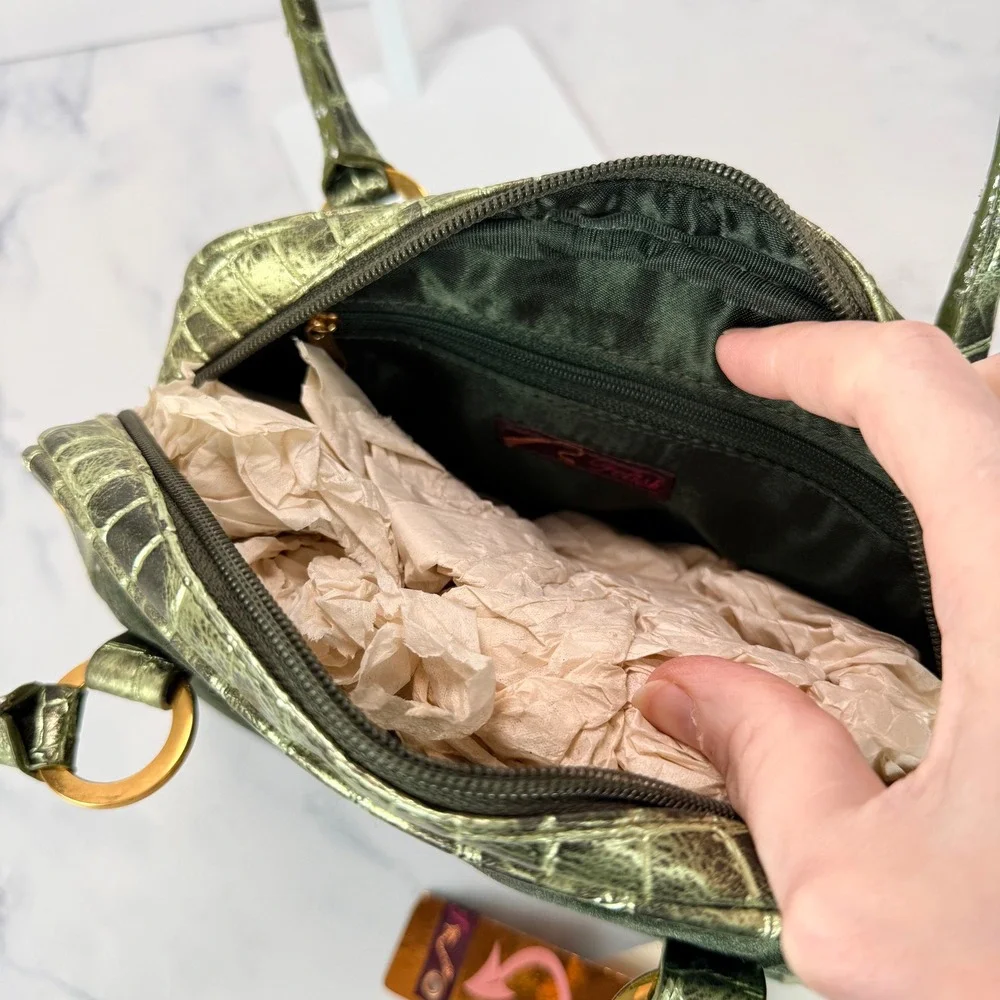 Vintage Fetish by Eve Y2K Metallic Croc Embossed Velvet Satchel Bag Green NWT